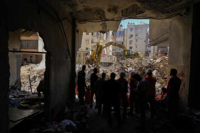 Emergency workers use excavators to clear the rubble at the site of Friday's Israeli strike in Beirut's southern suburbs, Lebanon. (File/AP)