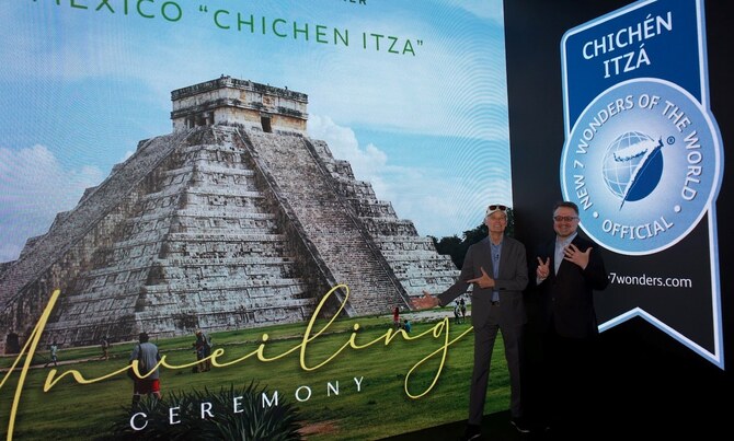 Bernard Weber, President and Founder of New7Wonders, and Jean-Paul de la Fuente, Director of New7Wonders, honour Chichen Itza, Mexico, during Expo 2020 Dubai. (Supplied)