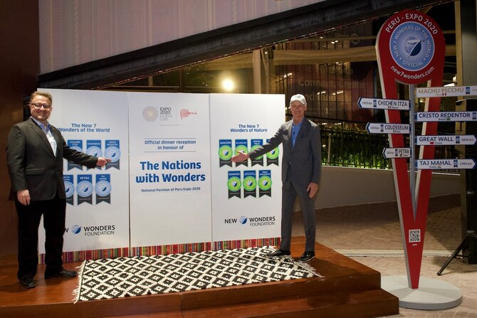 Bernard Weber, President and Founder of New7Wonders, and Jean-Paul de la Fuente, Director of New7Wonders, honour Chichen Itza, Mexico, during Expo 2020 Dubai. (Supplied)