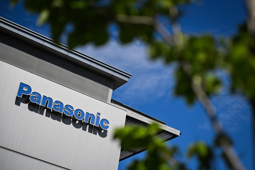 The logo of Japanese electronics giant Panasonic is seen outside the Panasonic Centre in Tokyo on May 9, 2024. (AFP)