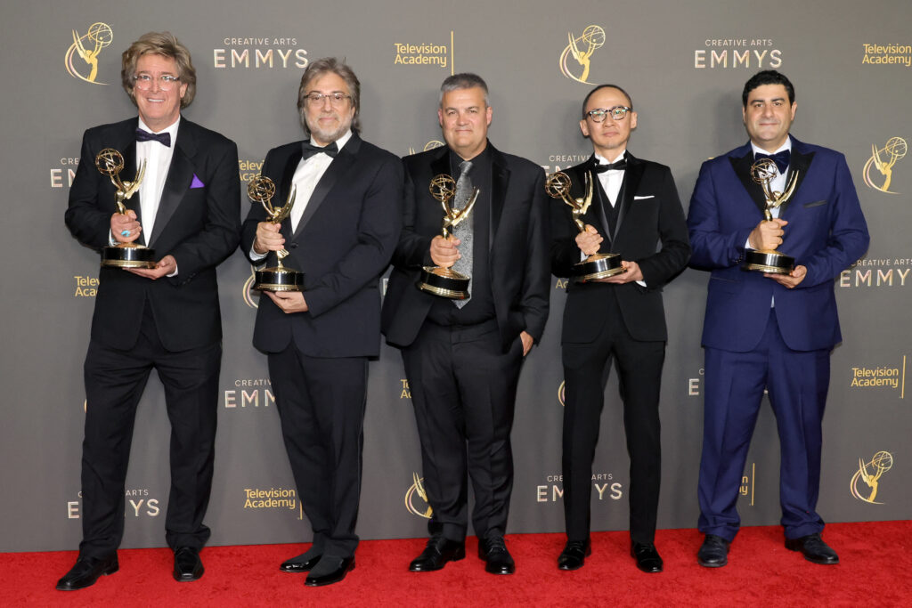 (L-R) Steve Pederson, Greg P. Russell, Michael Williamson, Takashi Akaku and Arno Stephanian, winners of the Emmy Award for Outstanding Sound Mixing for a Comedy or Drama Series (One Hour) for Shōgun, attend the 76th Creative Arts Emmys Winner's Walk at Peacock Theater on September 08, 2024 in Los Angeles, California. (AFP)