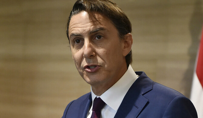 US special envoy Amos Hochstein addresses the media after meeting with Lebanon's parliament speaker in Beirut on June 18, 2024 amid continuing tensions on the Lebanese-Israeli border. (AFP)