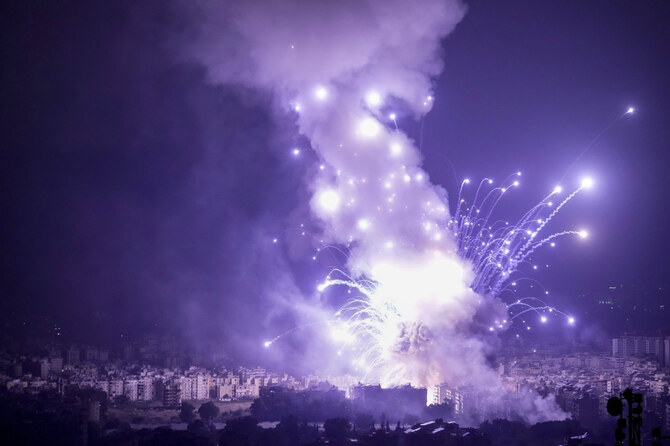 Flames and smoke rise from an Israeli airstrike in Dahiyeh district of Beirut, Lebanon, on Oct. 7, 2024. (AP)