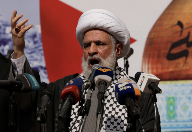 Lebanon's Hezbollah deputy leader Sheikh Naim Qasim speaks during a rally supporting Palestinians in Gaza, amid the ongoing conflict between Israel and the Palestinian Islamist group Hamas, in Beirut, Lebanon. (File/Reuters)