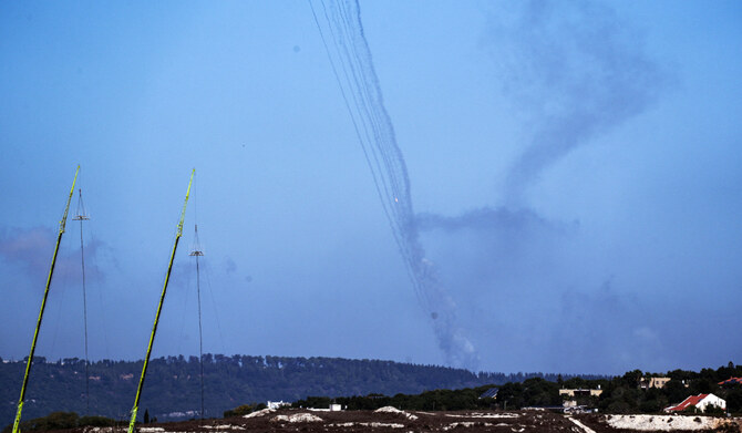 Rockets are launched from Lebanon towards Israel, amid cross-border hostilities between Hezbollah and Israel, as seen from northern Israel, October 8, 2024. (REUTERS)