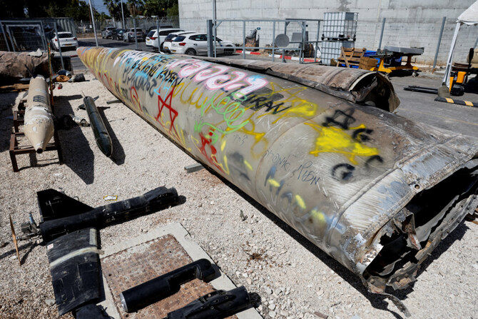 The remains of an Emad ballistic missile are displayed at Julis army base in southern Israel on October 9, 2024, days after a missile attack by Iran on Israel. (REUTERS)