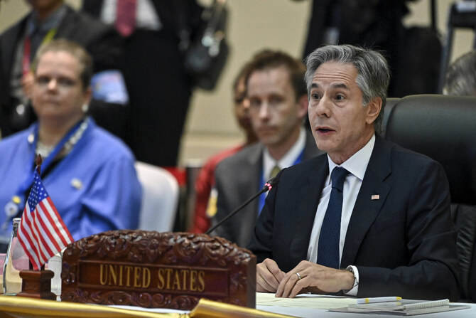 US Secretary of State Antony Blinken speaks during the Association of Southeast Asian Nations Summits in Vientiane, Laos on October 11, 2024. (Pool Photo via AP)