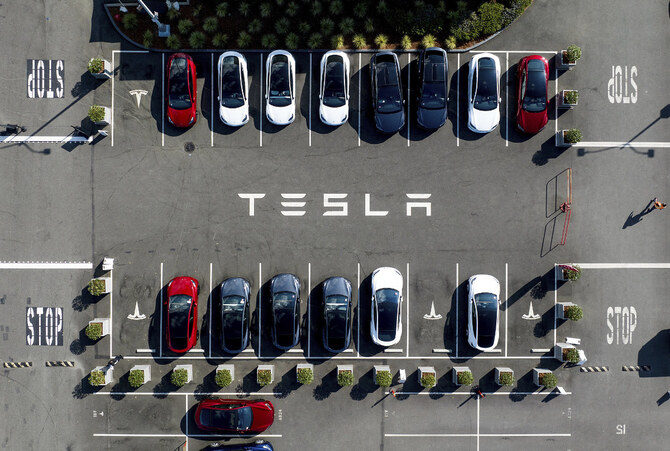 Tesla vehicles line a parking lot at the company's factory in Fremont, California. (AP/File)