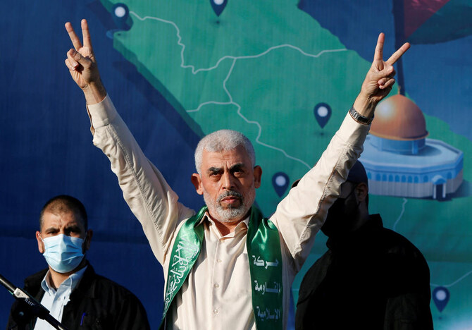 Hamas Gaza chief Yahya Sinwar gestures during an anti-Israel rally in Gaza City, in May, 2021. (Reuters/File)