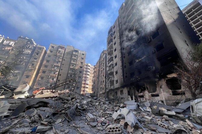 A picture shows destruction due to an Israeli airstrike a day earlier on the Haret Hreik neighborhood in Beirut’s southern suburbs on Oct. 23, 2024. (AFP)