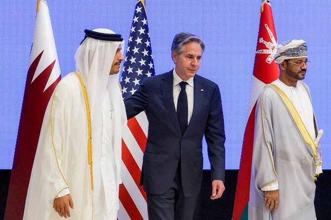 Qatar's Foreign Minister Sheikh Mohammed bin Abdulrahman bin Jassim al-Thani walks with US Secretary of State Antony Blinken and Oman's Foreign Minister Sayyid Badr Hamad al-Busaidi at a group picture opportunity during a Joint Ministerial Meeting of the GCC-US Strategic Partnership discussing the humanitarian situation in Gaza, at the Gulf Cooperation Council (GCC) Secretariat in Riyadh on April 29, 2024. (File/AFP)