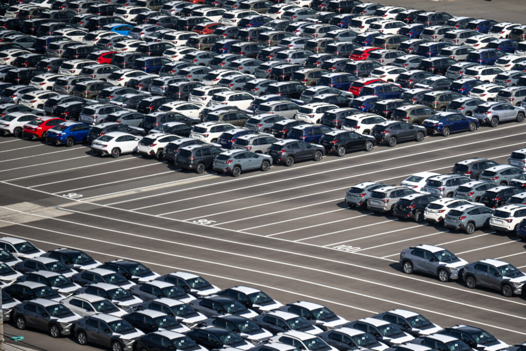 Cars of Subaru Corporation are seen parked at Kawasaki Port in Kawasaki of Kanagawa Prefecture, south of Tokyo on August 15, 2024. (AFP)