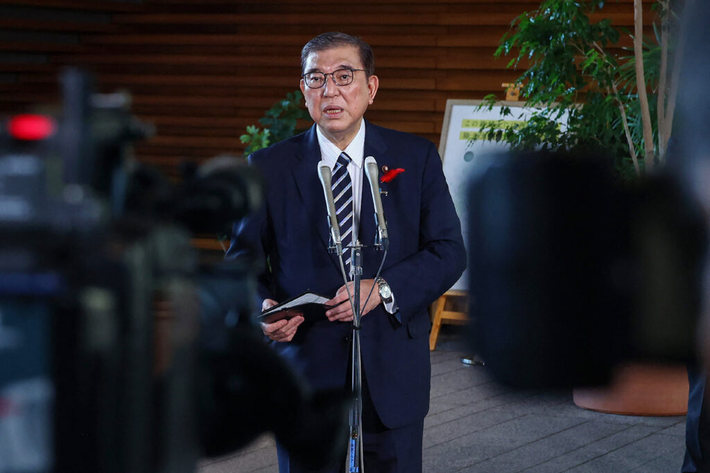 Japan's new Prime Minister ISHIBA Shigeru speaks to reporters at the entrance to the prime minister's office in Tokyo on October 2, 2024. Ishiba said on October 2 that missile attacks by Iran on Israel were