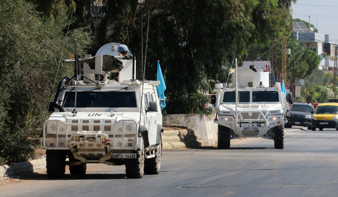UN peacekeepers (UNIFIL) vehicles are seen parked in Marjayoun, near the border with Israel, in southern Lebanon August 9, 2024. (REUTERS)