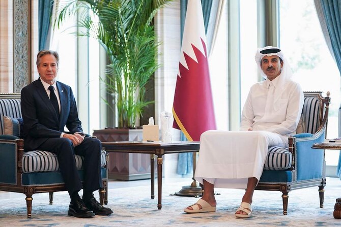 US Secretary of State Antony Blinken meets with Qatar’s Emir Tamim bin Hamad Al-Thani in Doha on Oct. 24, 2024. (AFP)