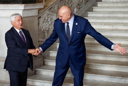 Japan's Defence Minister Gen Nakatani is welcomed by Italy's Defence Minister Guido Crosetto during the G7 Defence Ministers meeting in Naples, Italy October 19, 2024. (Reuters)