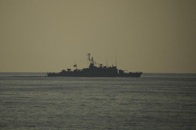 One of two Turkish military ships sail in the Mediterranean Sea, heading from the port of Mersin, Turkiye, to the port of Beirut to deliver human aid and evacuate Turkish citizens from Lebanon, on Oct. 9, 2024. (AP)