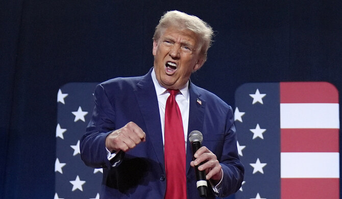 Republican presidential nominee former President Donald Trump speaks at a campaign town hall Friday, Oct. 4, 2024, in Fayetteville, N.C. (AP)