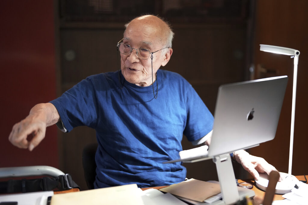 Shuntaro Tanikawa, a Japanese poet and translator, speaks during an interview with The Associated Press in Tokyo, on May 25, 2022. (AP Photo/Eugene Hoshiko, File)