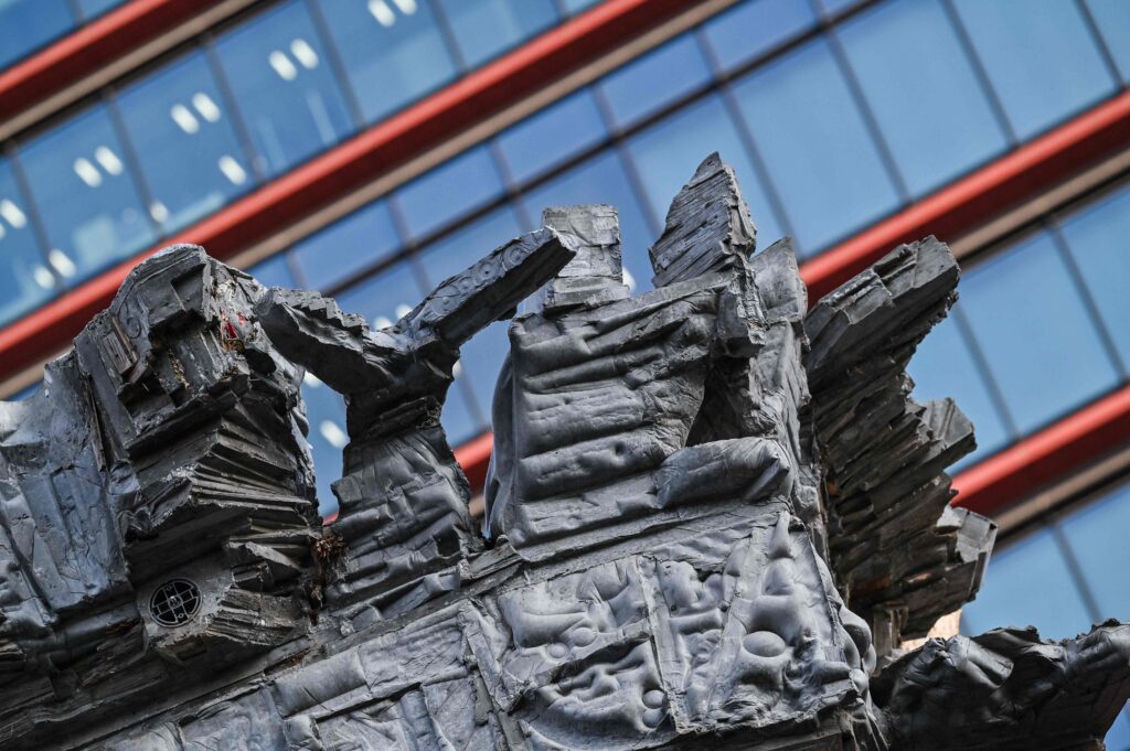 This photo taken on November 13, 2024 shows the exterior design on the roof of the four-storey Arimaston Building by Japanese architect Keisuke Oka in the Mita area of Minato Ward in Tokyo. (AFP)