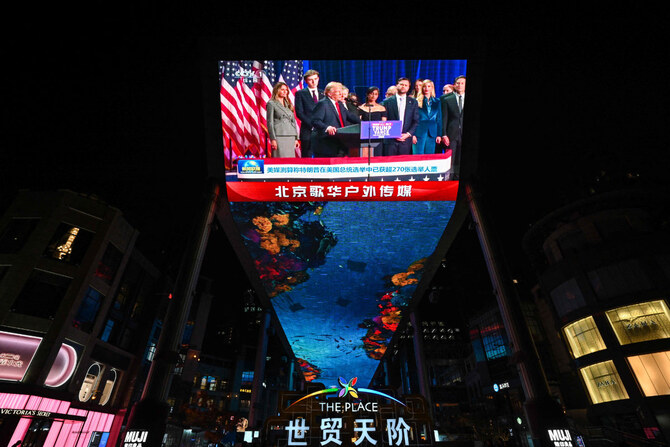 US election results are shown on a giant screen outside a mall in Beijing on Nov. 6, 2024. (AFP)