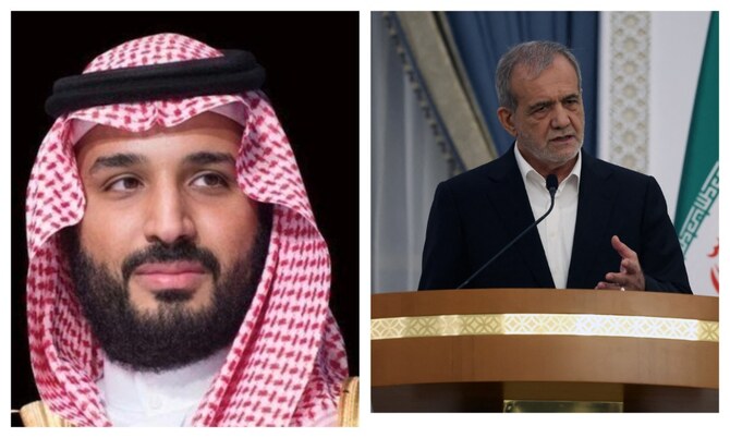 Saudi Crown Prince Mohammed bin Salman and Iranian President Masoud Pezeshkian. (File/SPA/AFP)