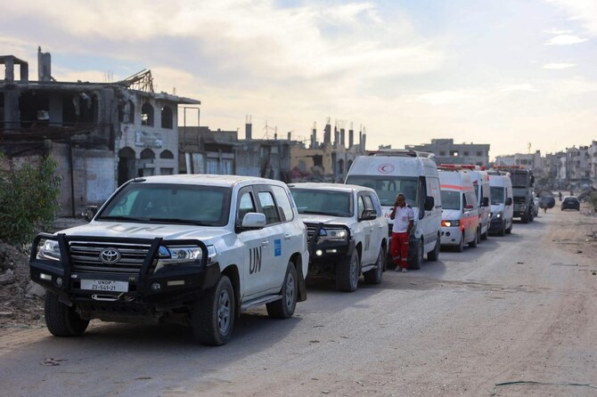 Ambulances of the Red Crescent led by a United Nations vehicle are pictured on the main Salah al-Din road in the northern Gaza Strip on November 17, 2024, amid the ongoing war between Israel and the militant group Hamas. (File/AFP)