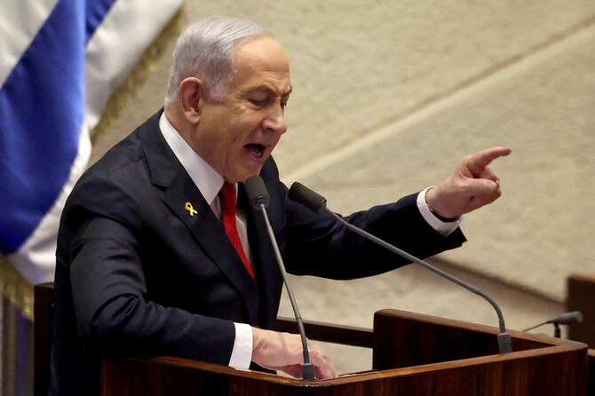 Israeli Prime Minister Benjamin Netanyahu speaks in Israel’s parliament, the Knesset, in Jerusalem, November 18, 2024. (Reuters)