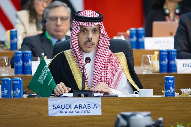 Saudi Arabia's foreign minister highlighted the importance of a balanced, inclusive approach to energy transition while ensuring global energy security and sustainable development at a Group of 20 session on Tuesday. (SPA)