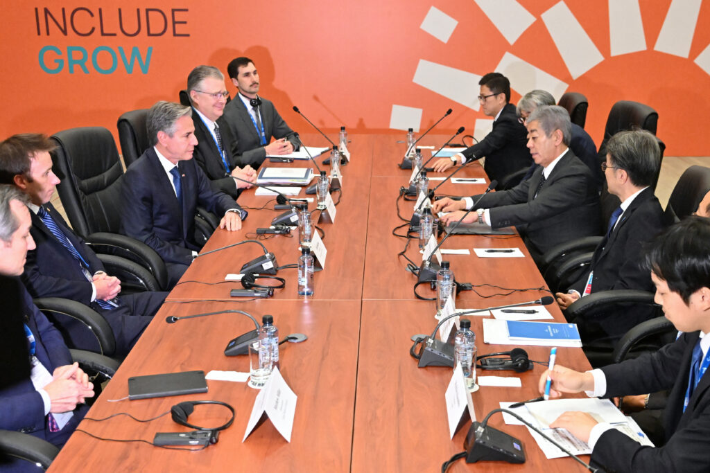 US Secretary of State Antony Blinken (C-L) meets with Japan's Foreign Minister IWAYA Takeshi (C-R) on the sidelines of the APEC Summit Ministerial Meeting (AMM) at the Convention Centre in Lima, on November 14, 2024. (AFP)