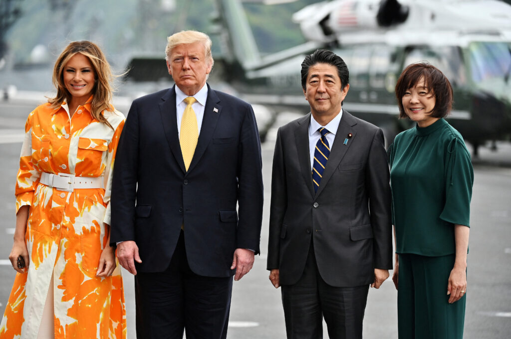 US President Donald Trump, first lady Melania Trump next to Japanese Prime Minister ABE Shinzo and wife Akie abe onboard the Japan's navy ship Kaga on May 28, 2019 in Yokosuka, Japan. (AFP)