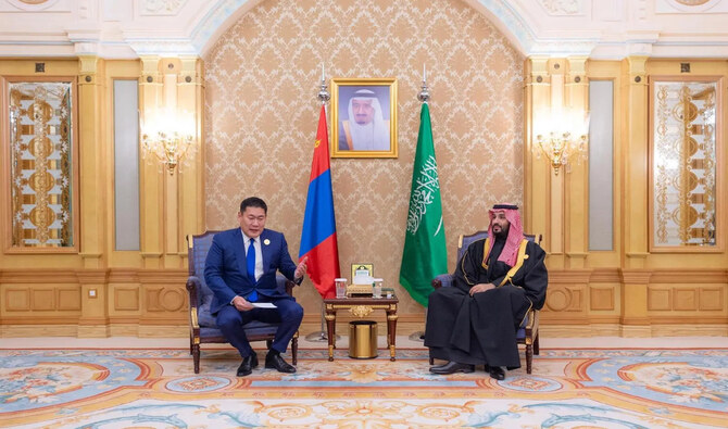 Crown Prince Mohammed bin Salman and Luvsannamsrain Oyun-Erdene, Prime Minister of Mongolia. (SPA)