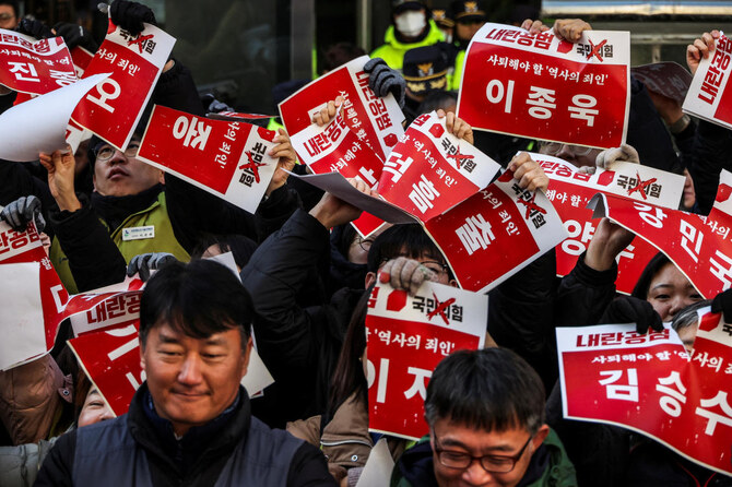 Protesters tear signs, depicting the names of ruling People Power Parties’ lawmakers who did not vote during the impeachment motion against South Korean President Yoon Suk Yeol, during a rally in Seoul on Dec. 9, 2024. (Reuters)