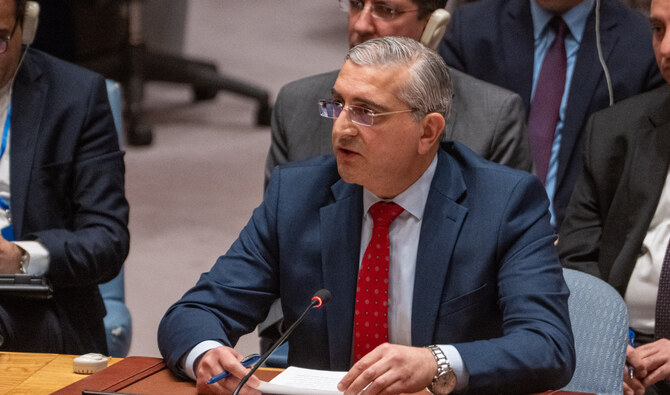 Syria’s permanent representative to the UN Koussay Aldahhak addresses the United Nations Security Council during an emergency meeting on April 14, 2024 at U.N. Headquarters in New York City. (AFP/File)