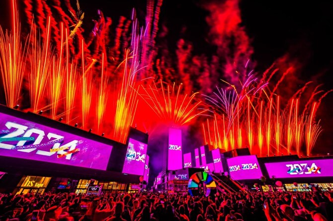 A firework display at Riyadh's Boulevard City on Dec. 11, 2024, celebrates the official announcement that Saudi Arabia will host the FIFA World Cup 2034. (X/@RiyadhSeason)