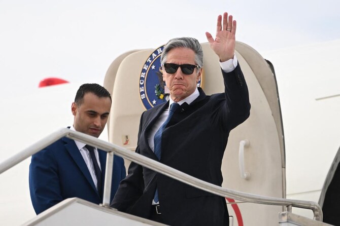 Above, US Secretary of State Antony Blinken gestures upon his arrival in the Red Sea city of Aqaba in Jordan on Dec. 12, 2024. (AFP)