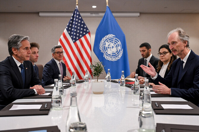 US Secretary of State Antony Blinken meets with the United Nations (UN) Special Envoy for Syria, Geir Pedersen in Jordan's southern Red Sea coastal city of Aqaba on December 12, 2024. (Reuters)