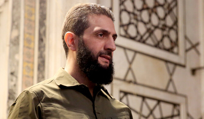 The leader of Syria's Islamist Hayat Tahrir al-Sham (HTS) group that headed a lightning rebel offensive snatching Damascus from government control, Abu Mohammed al-Jolani, address a crowd at the capital's landmark Umayyad Mosque on December 8, 2024. (AFP)