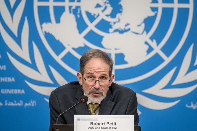 Head of the International, Impartial and Independent Mechanism for the Syria (IIIM) Canadian Robert Petit holds a press conference in Geneva on December 17, 2024. (AFP)