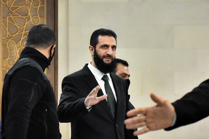 Hayat Tahrir al-Sham (HTS) leader Ahmed al-Sharaa (also known as Abu Mohammad al-Jolani) arrives for a meeing with visiting Druze officials from Lebanon's Progressive Socialist Party (PSP) in Damascus on December 22, 2024. (File/AFP)