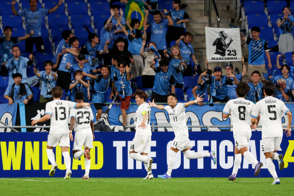 Japan’s Kawasaki Frontale’s Marcinho (2L) celebrates with his teammates after scoring a goal against South Korea’s Ulsan during their Asian Champions League football match at Munsu Football Stadium in Ulsan on September 18, 2024. (AFP)
