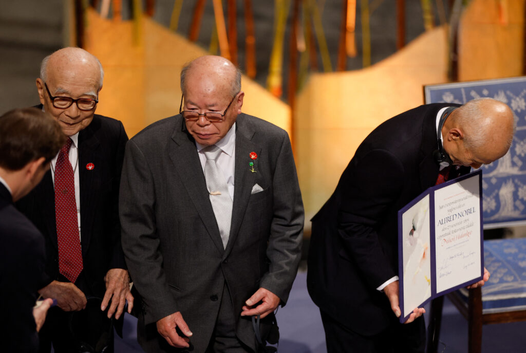The Nobel Peace Prize medal and diploma were presented to three hibakusha atomic bomb survivors, including Terumi Tanaka, 92, co-chair of the group. (AFP)
