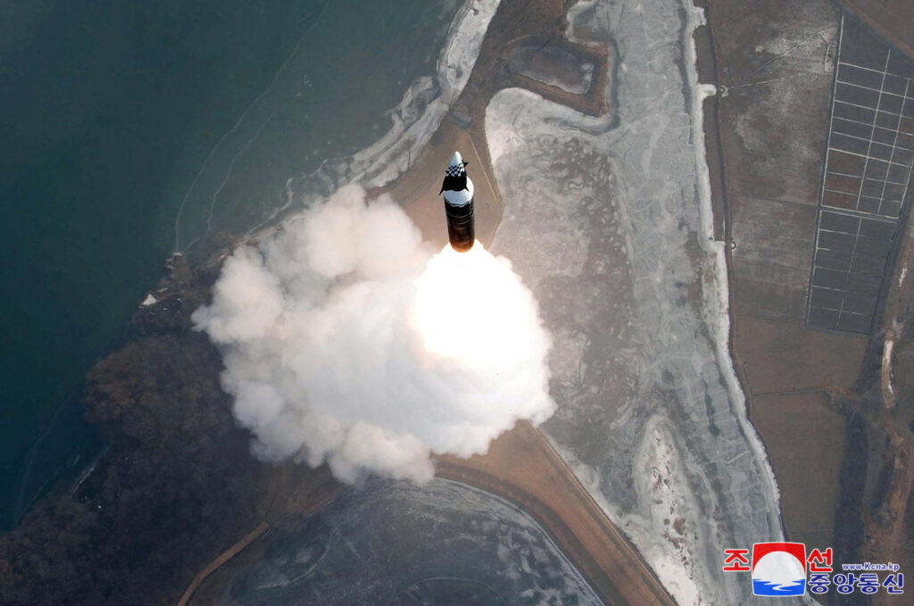 A missile flies during what state media KCNA says is a test of a new intermediate-range hypersonic ballistic missile at an undisclosed location January 6, 2025, in this photo released on January 7, 2025 by North Korea's official Korean Central News Agency. (KCNA via REUTERS)