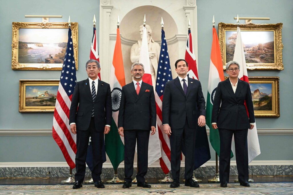 US Secretary of State Marco Rubio (2R) stands alongside Indo-Pacific Quad ministers, L-R, Japanese Foreign Minister IWAYA Takeshi, Indian Foreign Minister Subrahmanyam Jaishankar and Australian Foreign Minister Penny Wong, during a photo opportunity before meetings at the State Department in Washington, DC, on January 21, 2025. (AFP)