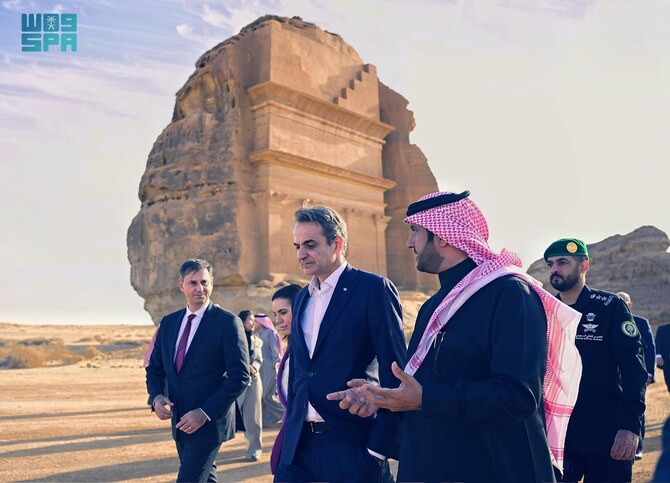 Greek Prime Minster Kyriakos Mitsotakis visited the historic Hegra region in AlUla on Monday. (SPA)