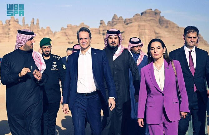 Greek Prime Minster Kyriakos Mitsotakis visited the historic Hegra region in AlUla on Monday. (SPA)