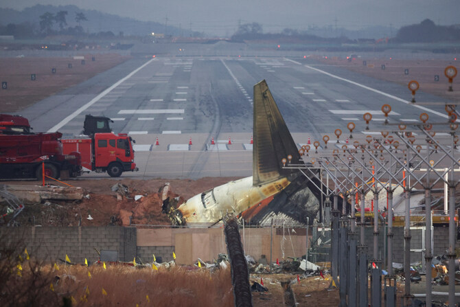 The wreckage of the Jeju Air aircraft that went off the runway and crashed lies at Muan International Airport, in Muan, South Korea, on Dec. 30, 2024. (REUTERS)