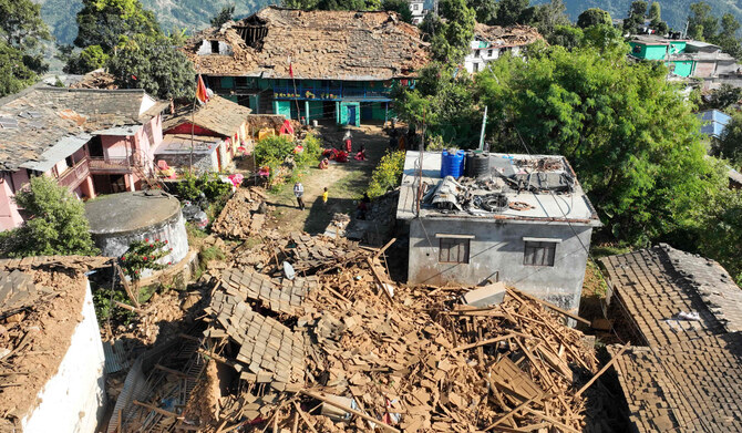 An aerial picture shows damaged buildings in Jajarkot district on November 4, 2023, following an overnight 5.6-magnitude earthquake. (AFP)