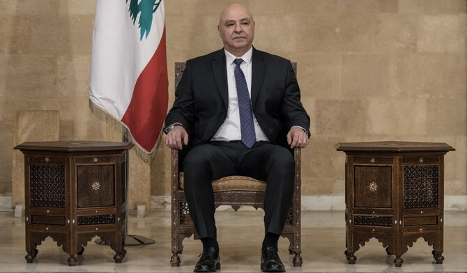 Newly-elected Lebanese President Joseph Aoun, sits at the presidential palace in Baabda, east of Beirut, Lebanon, Thursday, Jan. 9, 2025. (AP)