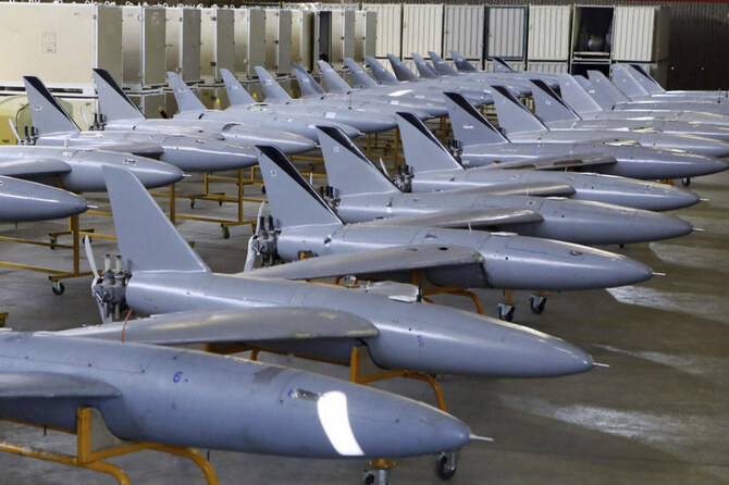 In this photo provided Monday, Jan. 13, 2025, by the Iranian Army, domestically-built drones are displayed in a ceremony to deliver the drones to the army. (AP)